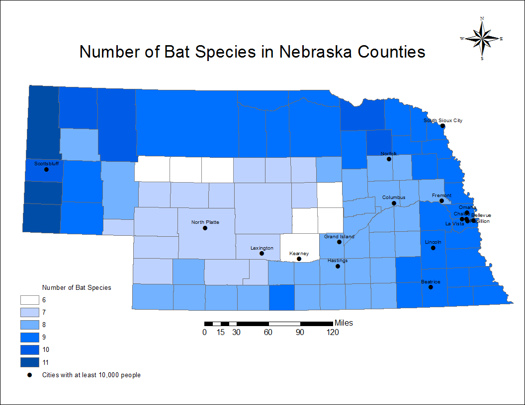 Number of bats per county in Nebraska