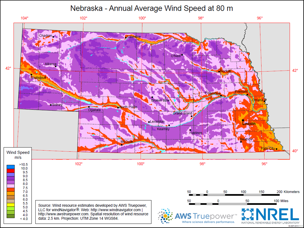 Nebraska Wind Potential at 80 meters
